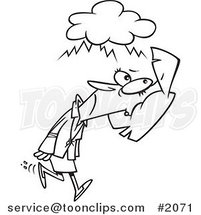 Cartoon Black and White Line Drawing of a Business Woman Walking Under a Stormy Cloud by Toonaday