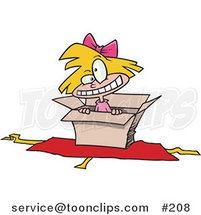 Cartoon Hyper Little Blond White Girl Inside an Open Box with Opened Wrapping Paper Underneath by Toonaday