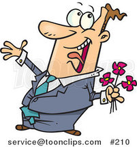 Cartoon Excited White Guy in a Suite, Holding Pink Flowers and Jumping While Preparing for a Date with His Wife or Girlfriend by Toonaday