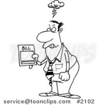 Cartoon Black and White Line Drawing of a Mad Business Man Holding an Overcharged Billing Statement by Toonaday