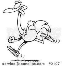 Cartoon Black and White Line Drawing of a Running Ostrich by Toonaday