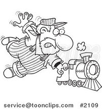 Cartoon Black and White Line Drawing of a Locomotive Engineer Holding onto a Fast Steam Train by Toonaday