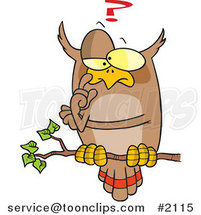 Cartoon Pondering Owl Perched on a Branch by Toonaday