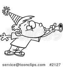 Cartoon Black and White Line Drawing of a Party Boy Blowing a Horn by Toonaday