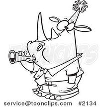 Cartoon Black and White Line Drawing of a New Year Rhino Business Man Blowing a Horn by Toonaday