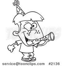 Cartoon Black and White Line Drawing of a New Year Boy with a Horn by Toonaday
