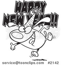 Cartoon Black and White Line Drawing of a Happy New Year Dog by Toonaday