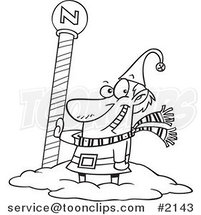 Cartoon Black and White Line Drawing of a Christmas Elf by the North Pole by Toonaday