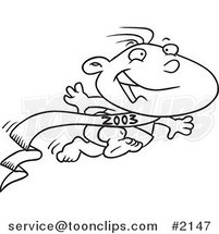 Cartoon Black and White Line Drawing of a New Years Baby Running by Toonaday