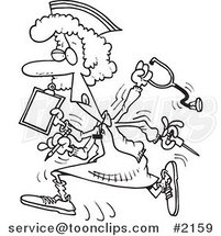 Cartoon Black and White Line Drawing of a Multitasking Nurse by Toonaday