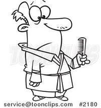 Cartoon Black and White Line Drawing of a Guy Holding a Comb by Toonaday