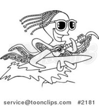 Cartoon Black and White Line Drawing of an Octopus Playing a Banjo and Surfing by Toonaday