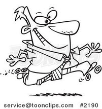 Cartoon Black and White Line Drawing of a Business Man Roller Skating in the Office by Toonaday