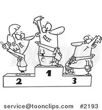 Cartoon Black and White Line Drawing of a Podium of First, Second and Third Place Business People by Toonaday