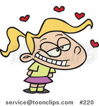 Cartoon Cute Little Blond White Girl with a Cruch on Someone, Red Hearts Fluttering Above Her Head by Toonaday