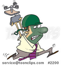 Cartoon Business Man Running Through the Office with Face Paint, a Helmet and Chair Above His Head by Toonaday