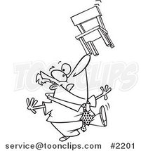 Cartoon Black and White Line Drawing of a Business Man Balancing a Chair on His Nose by Toonaday