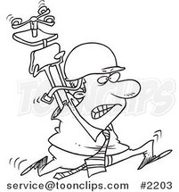 Cartoon Black and White Line Drawing of a Business Man Running Through the Office with AHelmet and Chair Above His Head by Toonaday