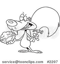 Cartoon Black and White Line Drawing of a Squirrel Holding a Nut and Hammer by Toonaday