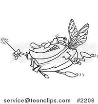 Cartoon Black and White Line Drawing of a Business Man Fairy Holding a Magic Wand by Toonaday