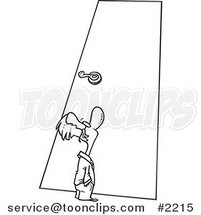 Cartoon Black and White Line Drawing of a Tiny Business Man Looking up at a Door by Toonaday