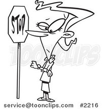 Cartoon Black and White Line Drawing of an Obedient Lady Standing by a Stop Sign by Toonaday