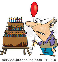 Cartoon Old Guy Holding a Balloon by a Birthday Cake by Toonaday