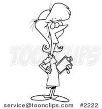 Cartoon Black and White Line Drawing of a Nurse with a Clipboard by Toonaday