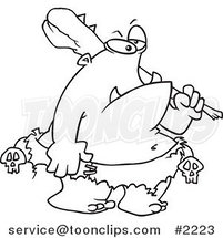 Cartoon Black and White Line Drawing of an Ogre Carrying a Club by Toonaday