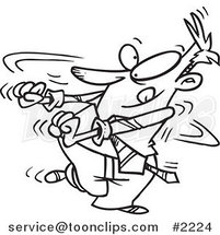 Cartoon Black and White Line Drawing of a Business Man Doing a Happy Dance by Toonaday