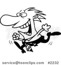 Cartoon Black and White Line Drawing of a Business Man Happily Running by Toonaday