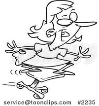 Cartoon Black and White Line Drawing of a Business Woman Surfing on Her Office Chair by Toonaday
