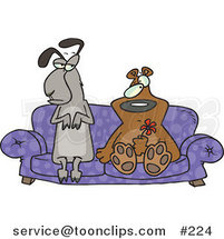 Cartoon Weird Llama and Bear Couple Seated with Confused Expressions on a Purple Couch, the Bear Holding a Red Flower by Toonaday