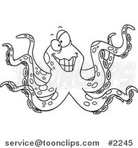 Cartoon Black and White Line Drawing of an Octopus Smiling by Toonaday