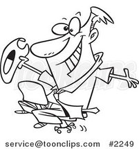 Cartoon Black and White Line Drawing of a Business Man Riding a Chair like a Rodeo Cowboy by Toonaday