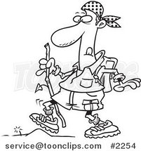 Cartoon Black and White Line Drawing of a Hiker Walking over a Tiny Obstacle by Toonaday