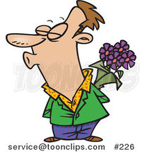 Cartoon Sweet White Guy Holding Purple Flowers Behind His Back and Puckered up for a Kiss from His Wife or Girlfriend by Toonaday