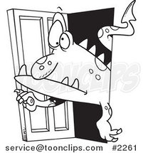 Cartoon Black and White Line Drawing of a Monster Coming Through a Door by Toonaday