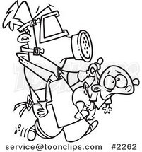 Cartoon Black and White Line Drawing of a New Dad Wearing Protective Gear and Carrying a Baby by Toonaday