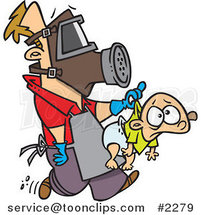 Cartoon New Dad Wearing Protective Gear and Carrying a Baby by Toonaday