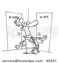Cartoon Black and White Line Drawing of a Guy Stuck in a Room with No Exit by Toonaday