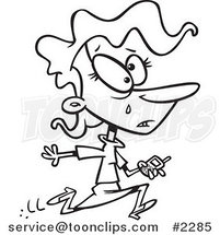 Cartoon Black and White Line Drawing of a Business Woman Running to Get Bars on Her Phone by Toonaday
