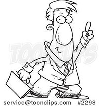 Cartoon Black and White Line Drawing of a Business Man Holding His Finger up by Toonaday
