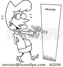 Cartoon Black and White Line Drawing of a Nervous Lady Opening a Private Door by Toonaday