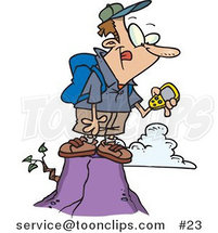 Cartoon Hiker Guy on Top of a Mountain, Using a GPS by Toonaday
