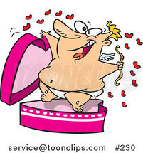 Cartoon Chubby Cupid Leaping out of a Pink Heart Surprise Box, Surrounded by Little Red Hearts by Toonaday