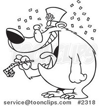 Cartoon Black and White Line Drawing of a New Year Bear Holding a Noise Maker by Toonaday