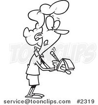 Cartoon Black and White Line Drawing of a Lady Writing Notes by Toonaday