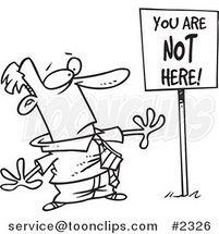 Cartoon Black and White Line Drawing of a Business Man Staring at a You Are Not Here Sign by Toonaday