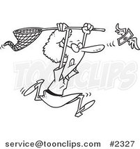Cartoon Black and White Line Drawing of a Lady Chasing Money with a Net by Toonaday